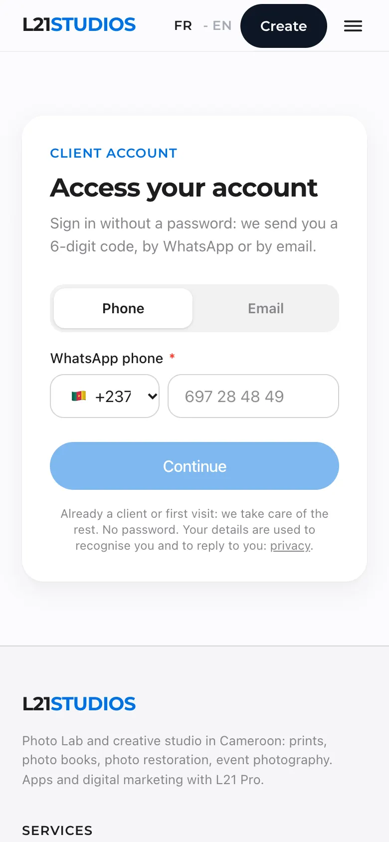 Sign-in page: Phone and Email tabs