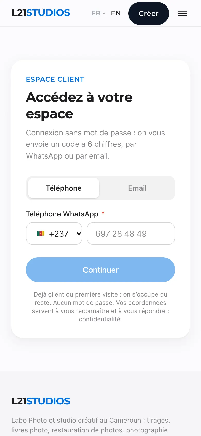 Page de connexion : onglets Téléphone et Email