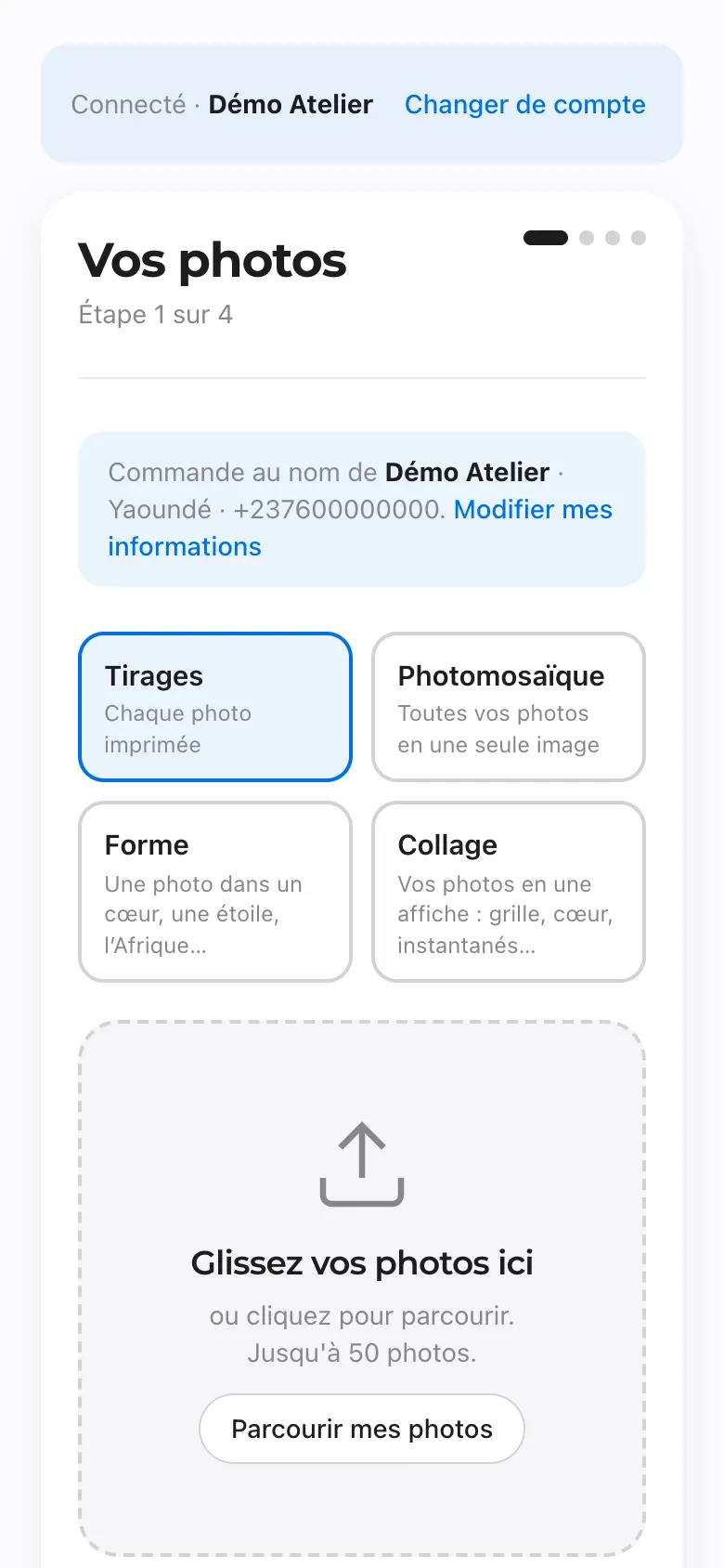 Étape Vos photos : choix du type et envoi des photos