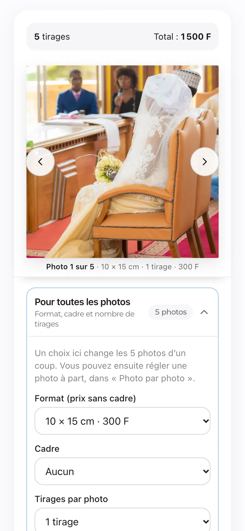 Étape Format et cadres : format, cadre, nombre de tirages