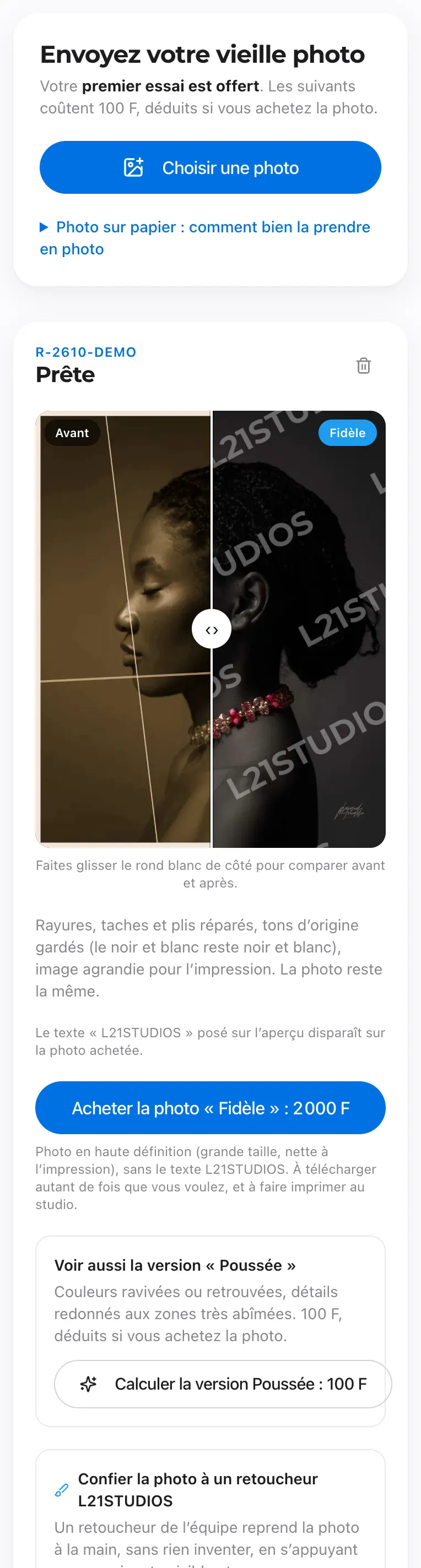 Atelier de restauration : envoi de la photo et résultat avant et après