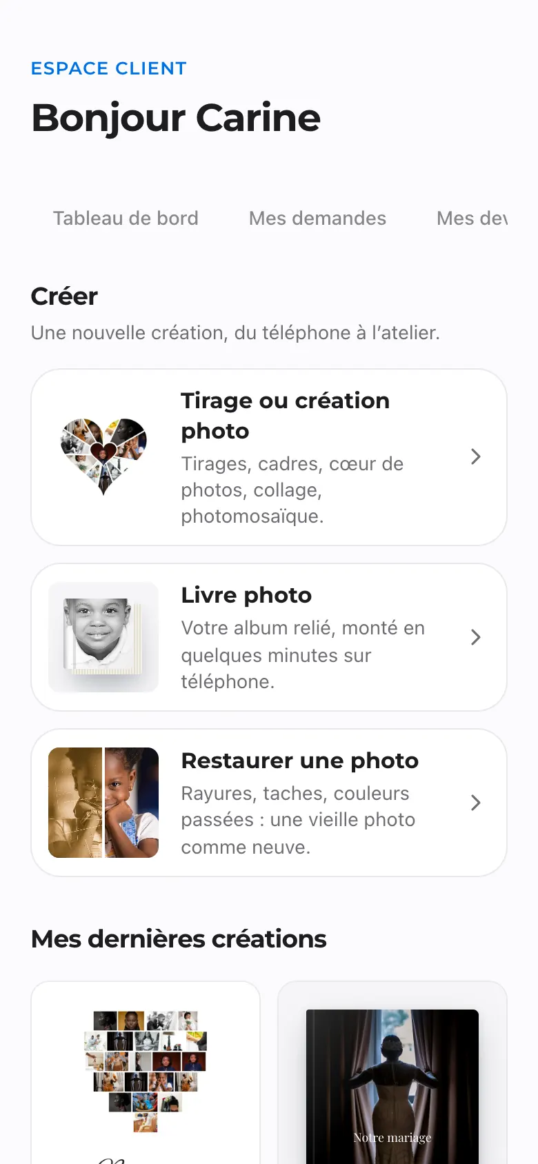 Tableau de bord de Mon compte