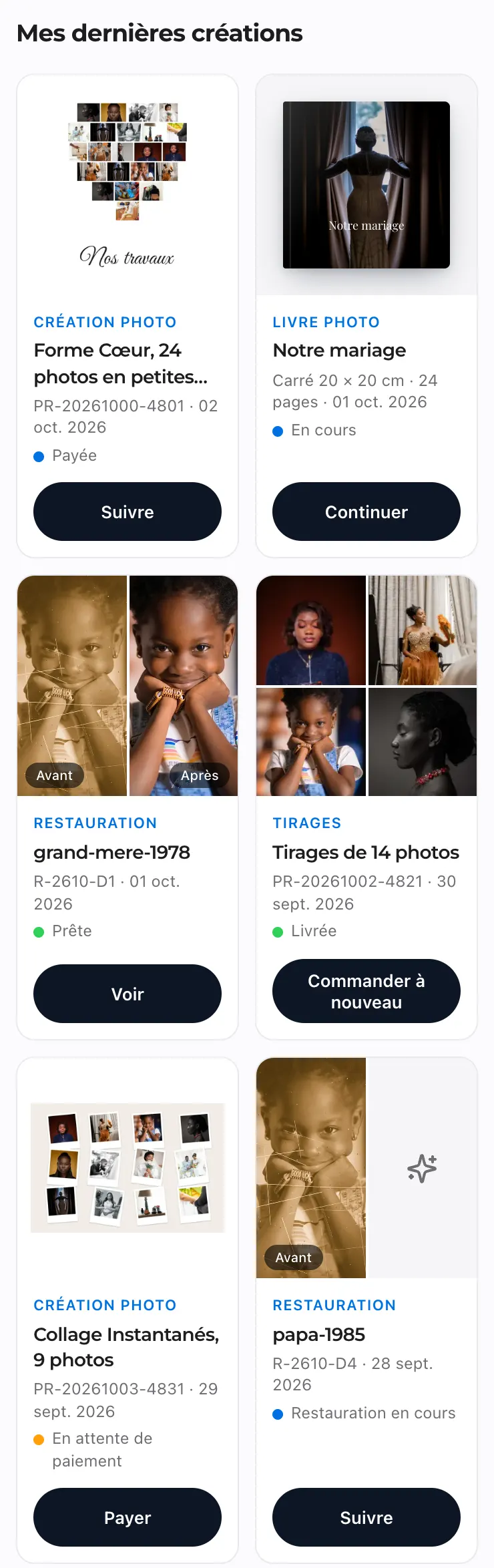 Mes dernières créations dans Mon compte, avec leur statut