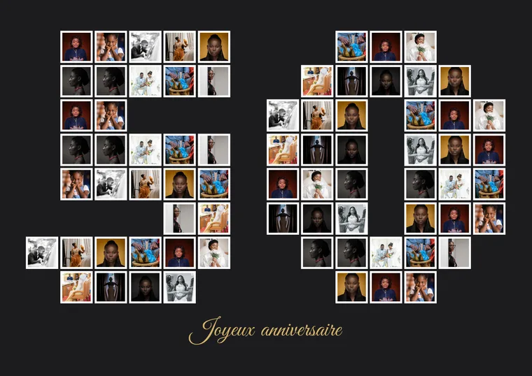 Le nombre 50 fait de petites photos, « Joyeux anniversaire » en doré