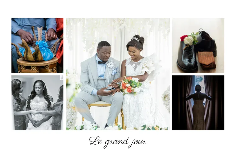 Une grande photo de mariage entre quatre petites, « Le grand jour » écrit à la main